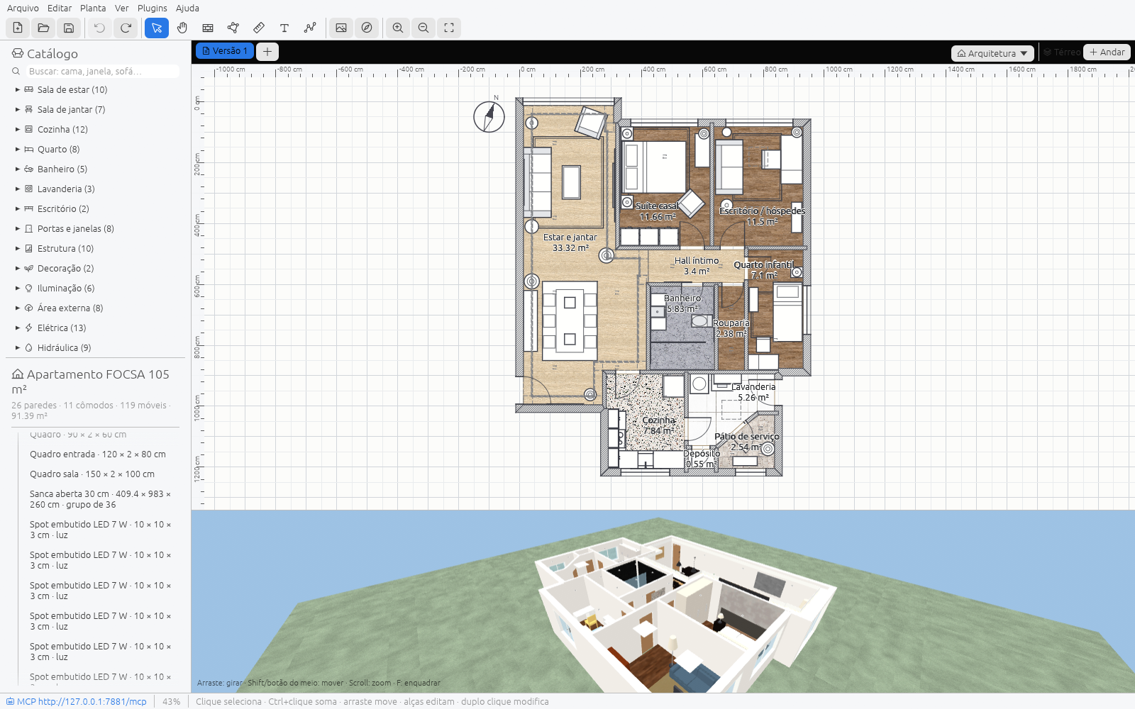 O editor com catálogo, planta humanizada e vista 3D