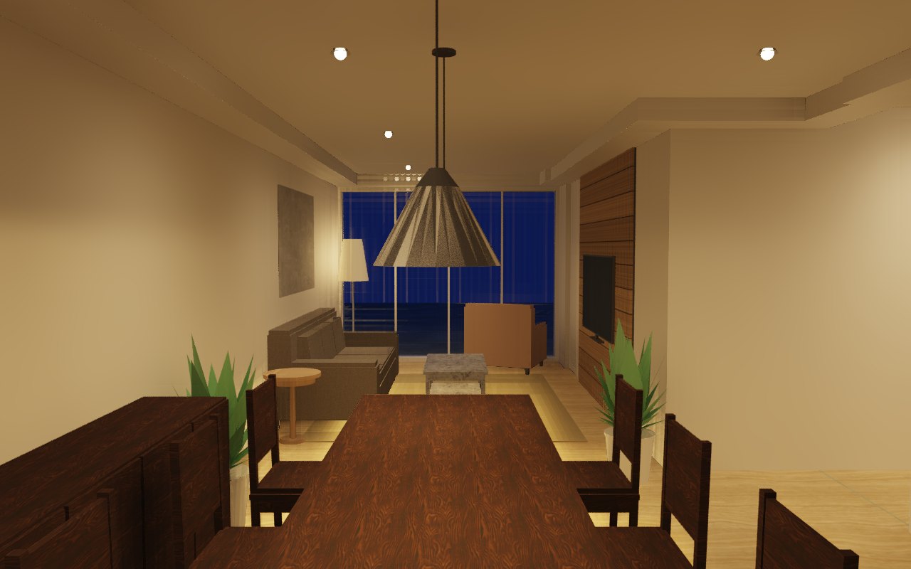 Sala de jantar ao anoitecer, renderizada pelo app